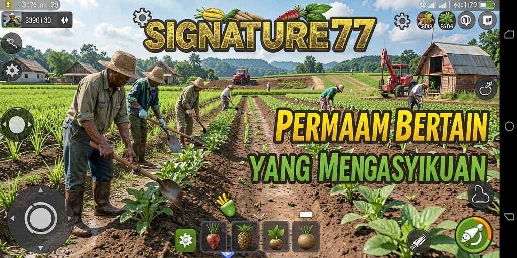 Tangkapan layar SIGNATURE77 yang menampilkan aktivitas bertani yang seru.